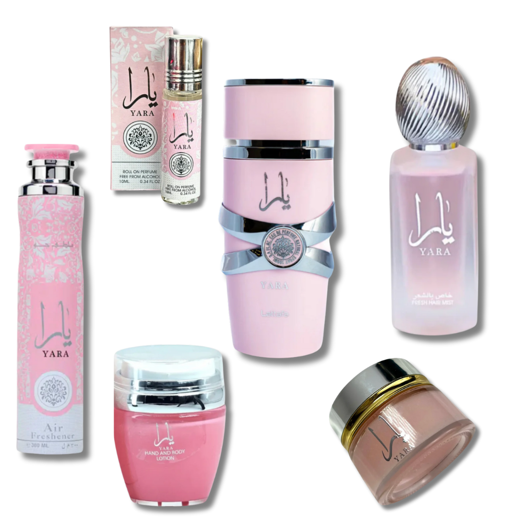 Yara pink bundel Yara pink perfume Lataffa, hairmist, Mukhammaria, perfume roller. airfreshner, hand and bodylotion. Missluxurious